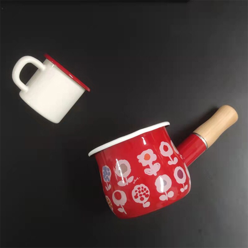 500ml Enamel Milk Pot With Wooden Handle Gas Stove Induction Cooke Baby Breakfast Milk Coffee Saucepan Cookware