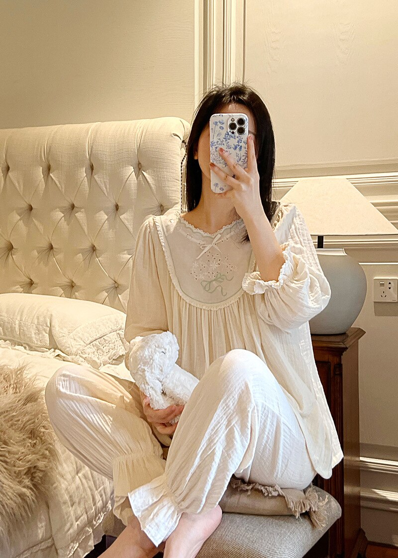 1 Set Women‘s Sleepwear Spring Green Color Pajama Sets Vintage Ladies Girl&#39;s Princess French Style Pyjamas Set Nightwear Nightie