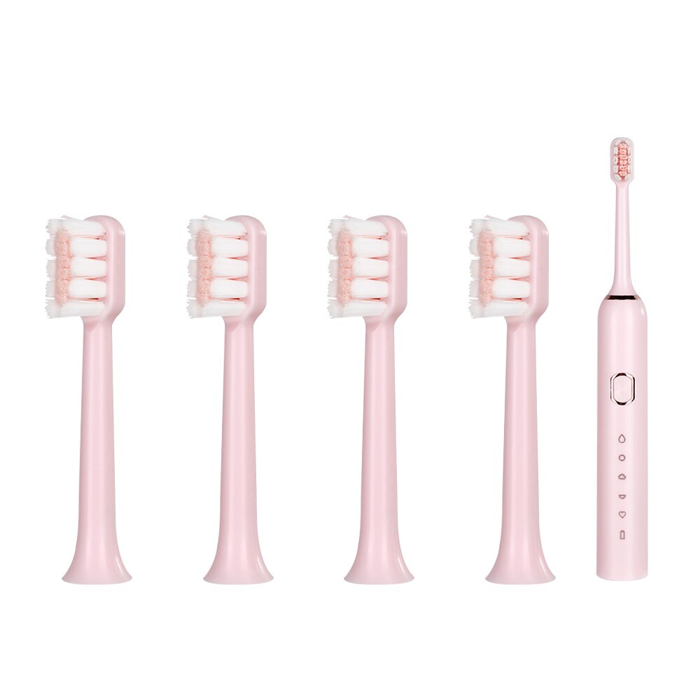 Intelligent Automatic Electric Toothbrush Adult 5 Modes Tooth Brush USB Charging Waterproof Tooth Whitening tooth Heads Set: 1set pink and 4TB