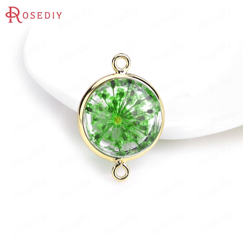 (C828)6 pieces 14x20mm 24K Gold Color Brass and Glass 2 Holes + Dried Flower Round Connect Charms Pendants Diy Jewelry Findings
