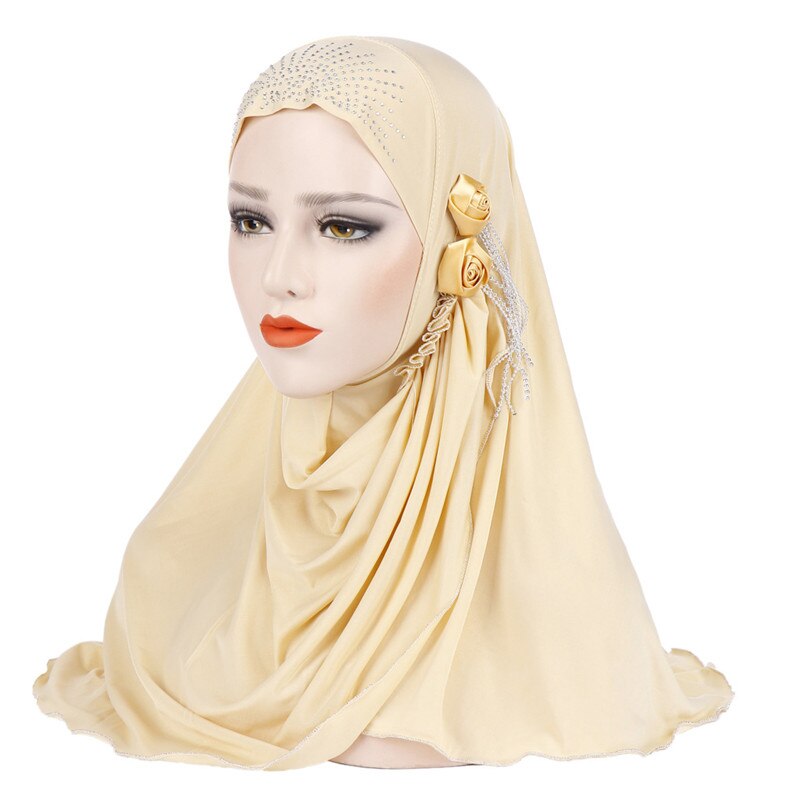 Malaysia muslim hijab tørklæde solid bomuld blomst diamant sjal kvinder tørklæde klar til at bære hijab musulman femme foulard: 7