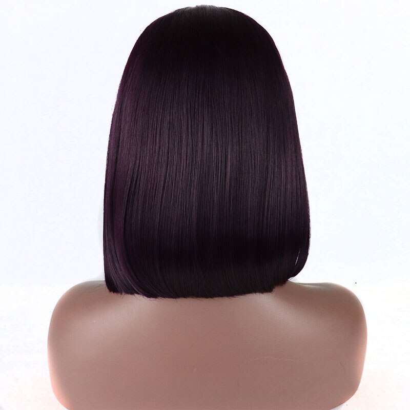 Bombshell curto em linha reta bob peruca dianteira do laço do cabelo sintético roxo escuro resistente ao calor fibra cabelo médio de separação para perucas femininas