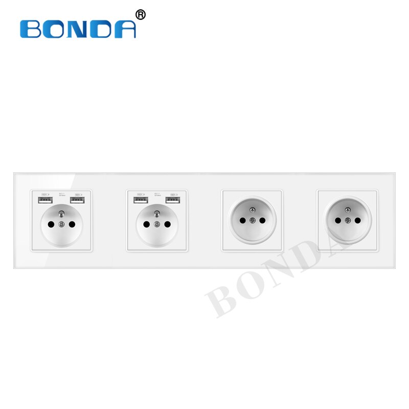 BONDA Multi-connection French standard wall socket, 16A USB tempered glass panel, multi-connection socket combination AC110-240V: 514 WHITE USB02-02