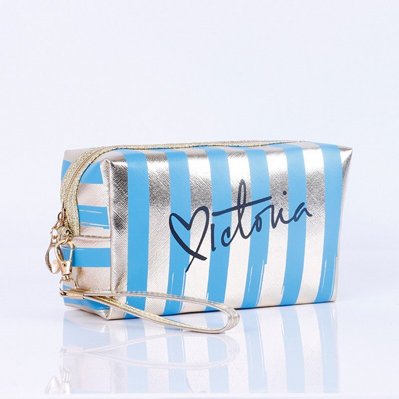 Bolso de almacenamiento de cosméticos de cuero PU para mujer, bolsa de maquillaje de PVC, bolsa de aseo, estuche organizador de viaje,: Blue