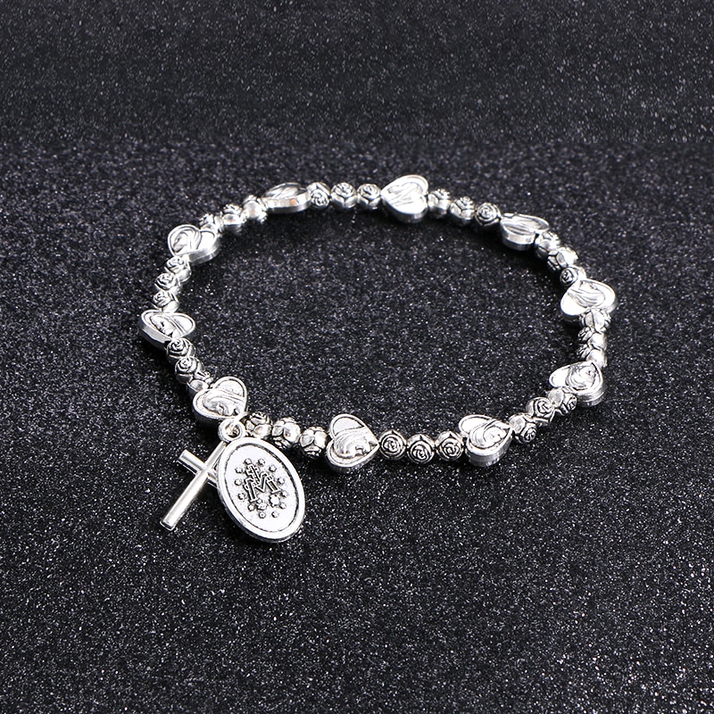 KOMi Religious Catholic Metal Sliver Beaded Bracelets Men Women Orthodox Christ Juses Cross Virgin Mary Pendant Bracelets R-323