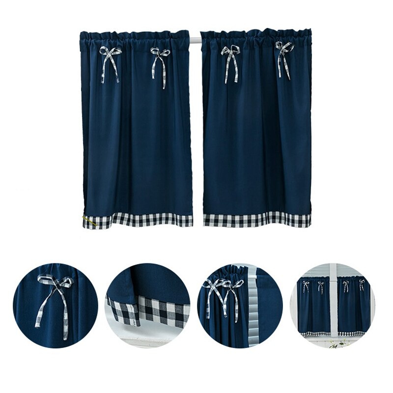 Bay Window Curtains Grid Short Curtain for Kitchen Cabinet Door Separate Panel Bow-knot Decor Drapes Cozy Cafe Bar Half-Curtain