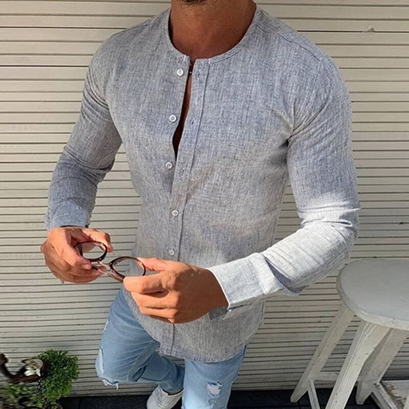 Efterår forår langærmede casual skjorter til mænd solide slanke basic stand business skjorter camisas masculina: Lysegrå / Xl