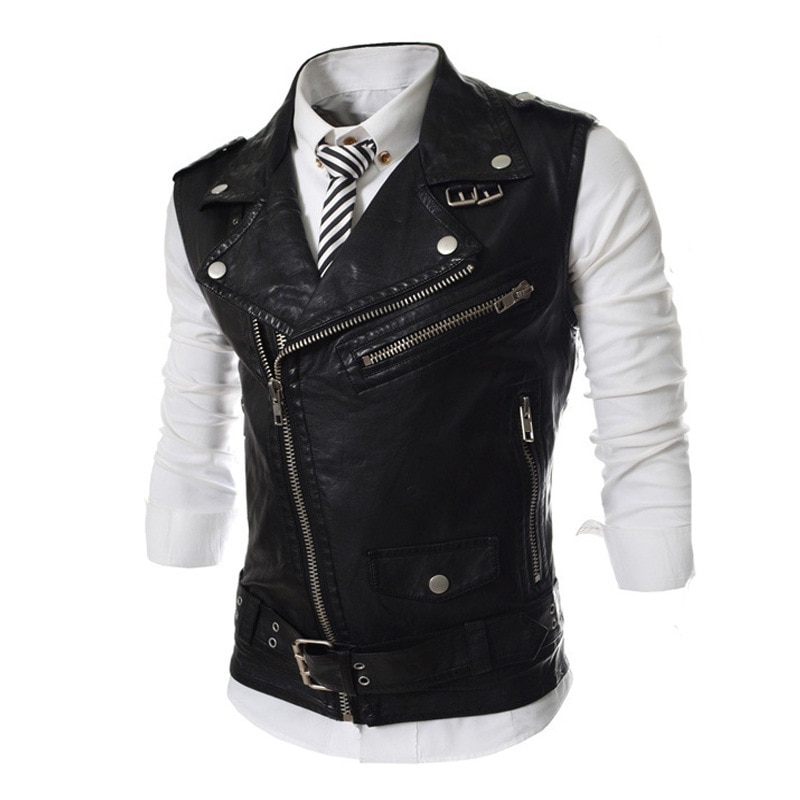 Summer Mens Casual Vest PU Leather Lapel Collar Male Zipper Vest Slim Fit Sleeveless Chalecos Para Hombre