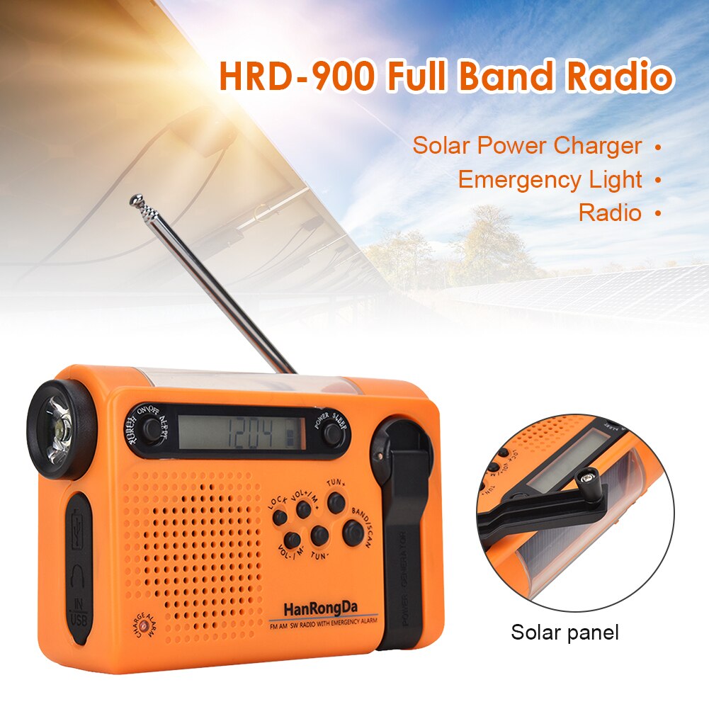 HRD900 Multifunctional Portable Full Band Solar Powered AM/FM Weather Radio Emergency LED Flashlight Lamp Power for Outdoor Camp