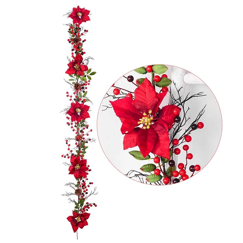 Artificial Garland with Red Berries and Holly Leaves, Pine Cone Garland for Fireplace Stairs Table Decorations