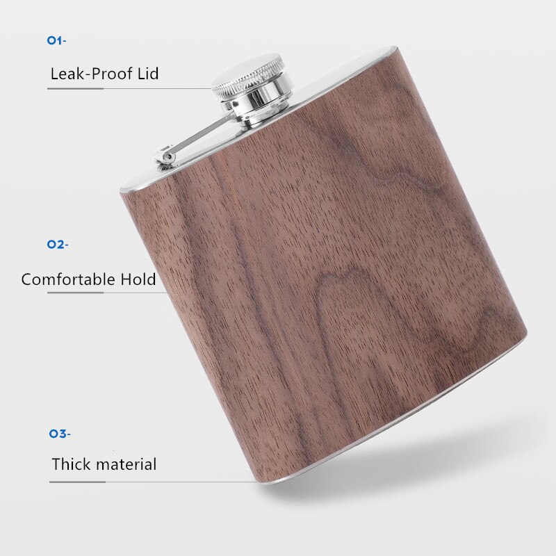 6OZ Wooden Leather Hip Flask Stainless Steel 304 Whiskey Wine Flagon Alcohol Drinking Bottle Travel Drinkware