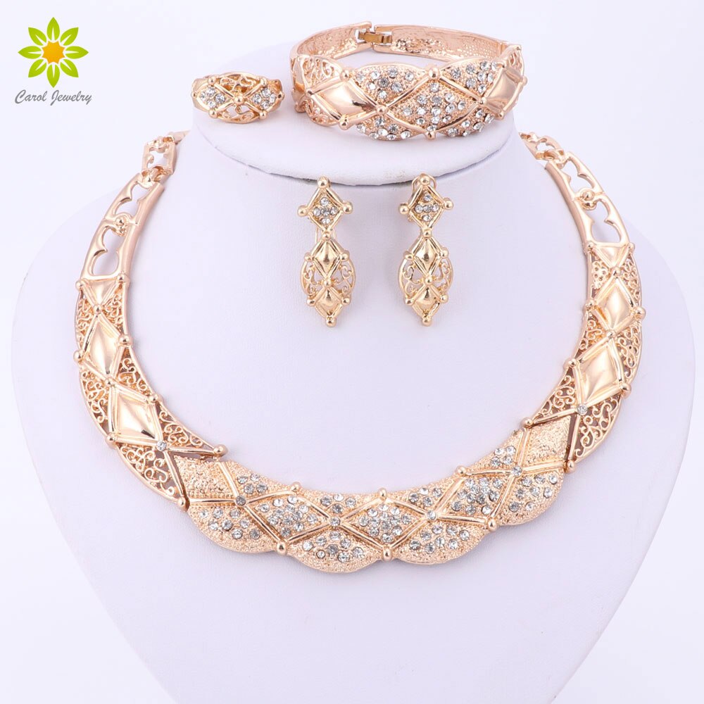 Collier de mariée en cristal boucles d'oreilles Bracelet perles africaines ensembles de bijoux pour les femmes couleur or accessoires de mariage