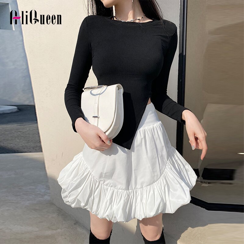 Black Wrap Rokken Vrouwen Zomer Koreaanse Onregelmatige Plisse Puffy Mini Rok Vrouwelijke Witte Hoge Taille Slanke Bud Korte Rok Plus size