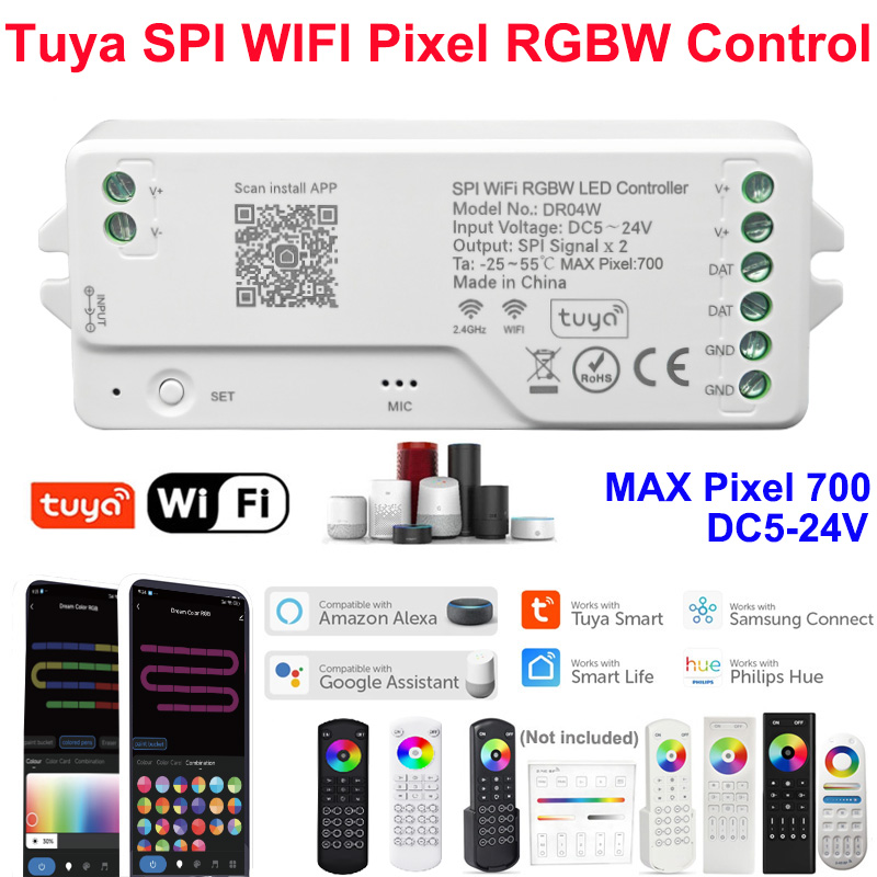 Tuya WiFi Addressable LED Controller WS2815/13 WS2811 WS2812B SPI RGBWIC RGBIC LED Strip Dimmer LED Controller 5-24V Pixel Strip: black / 44