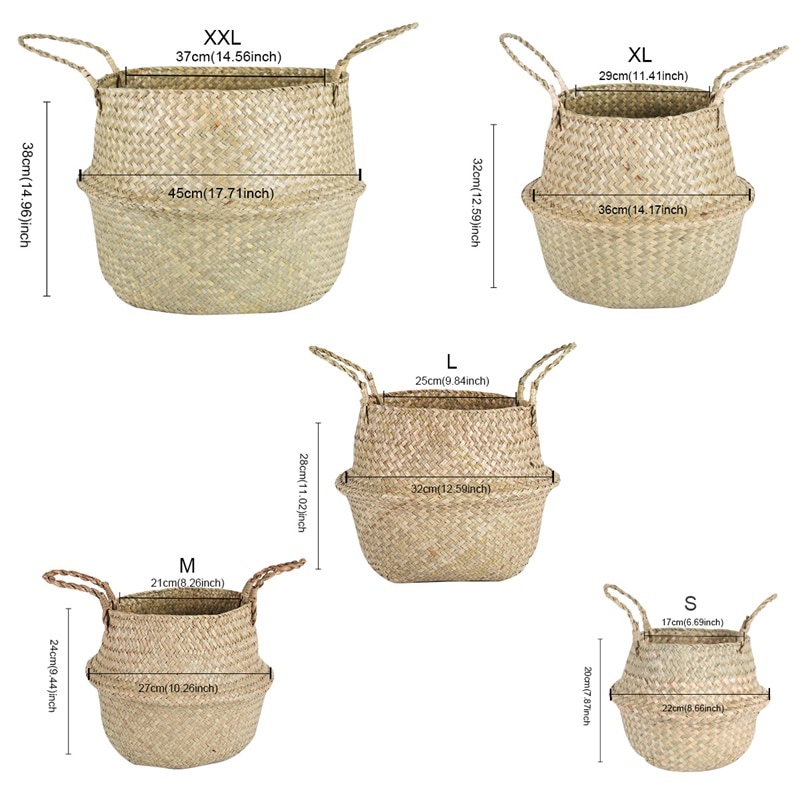 Cesta de cestería para algas marinas, maceta de flores colgante de ratán, cesto para ropa sucia, cestas plegables de almacenamiento, jardín casero decorativo