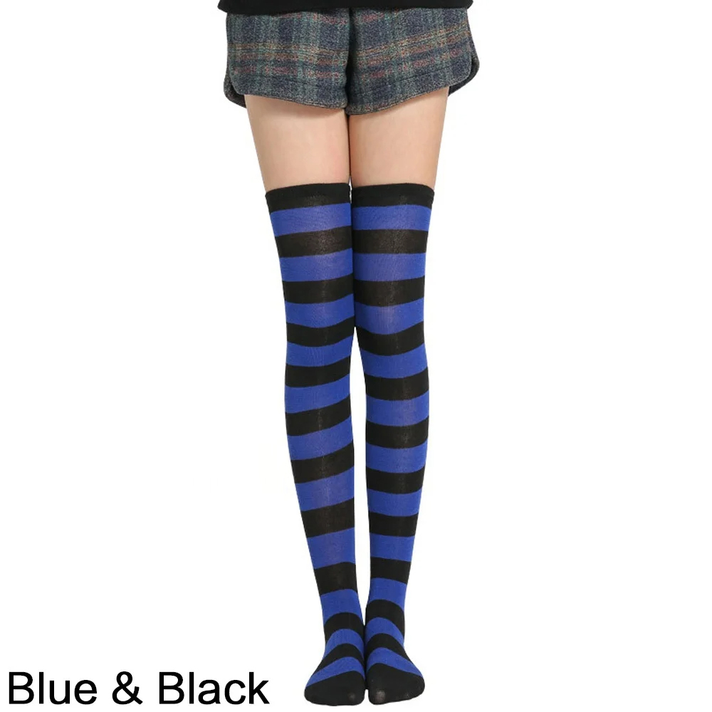Calze stampate a righe lunghe sopra il ginocchio da donna alla moda Calzini in cotone con fantasia a righe alte alla coscia per Natale: Cielo Blu