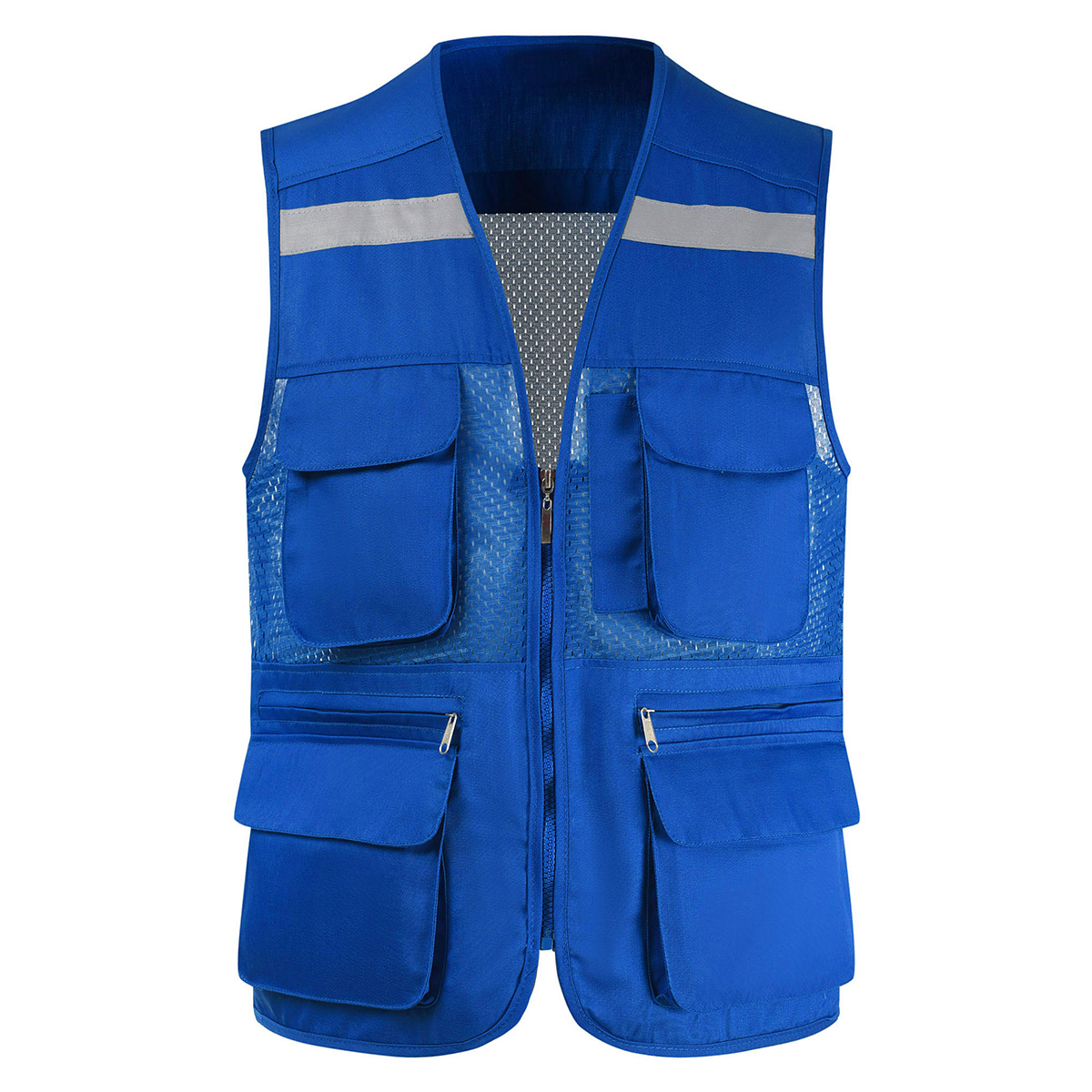 Men's Summer Mesh Fishing Vest Photography Work Multi-Pockets Outdoors Journalist's Vest Sleeveless Jackets: L / Blue