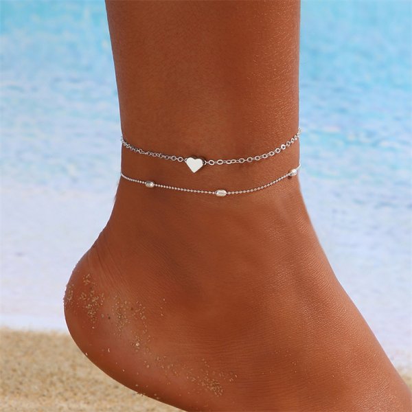 Tobillera bohemia multicapa con cuentas de arroz para mujer, tobilleras con colgante de estrella de mar a la , cadena de tobillo de playa de arena para verano, joyería en la pierna: Latón Plateado