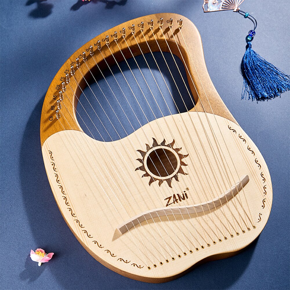 Solid Wooden Entertainment Wooden Lyre Harp Sun God Pattern With Tuning Tool Wrench Cleaning Cloth Metal Strings