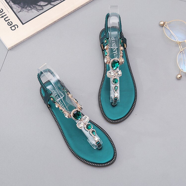 summer woman flat diamonds flat sandal green black color T strap woman crystal flat sandal beach flat rhinestone sandal woman