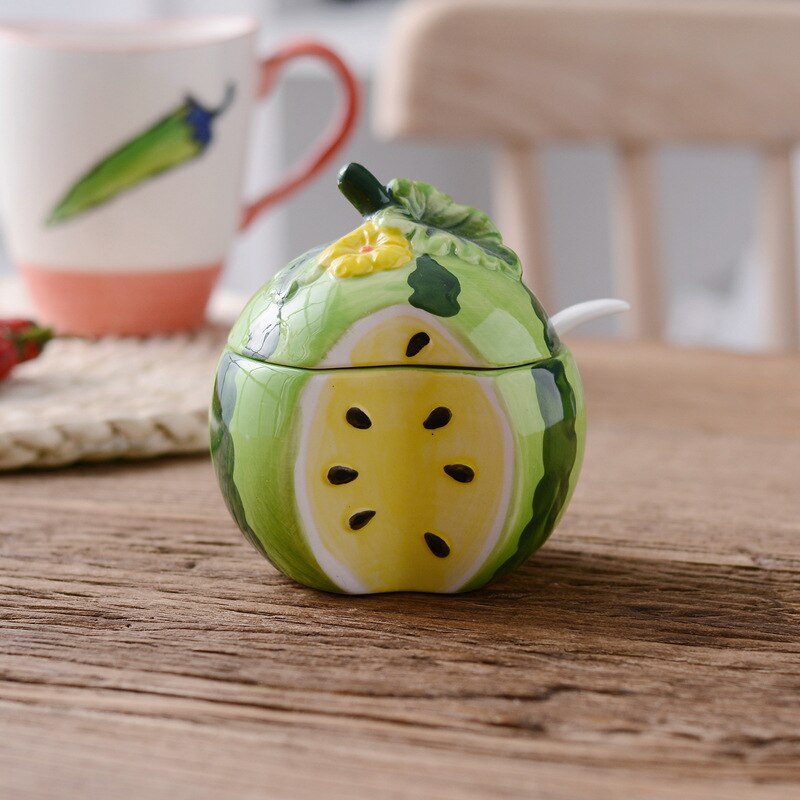 Cute Fruit Pomegranate Shape Condiment Bottle Ceramic Seasoning Bottle Jar with Cover Spoon Flavouring Container: Watermelon-Y
