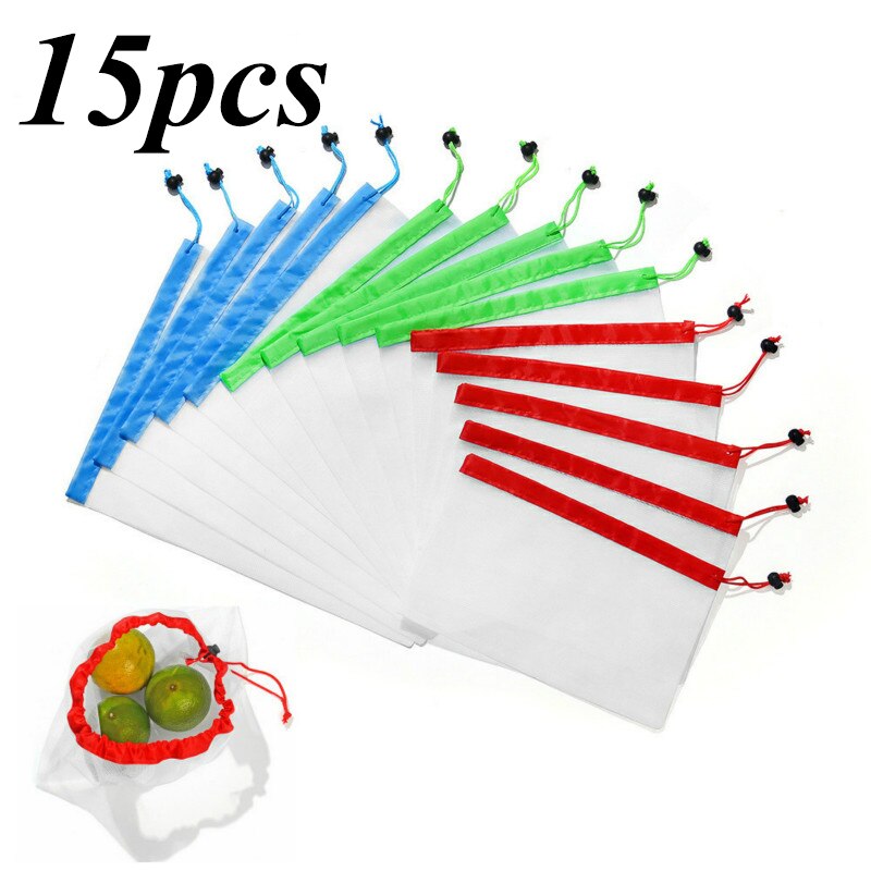 15pcs/lot Reusable Mesh Produce Bags Washable Eco Friendly Bags for Grocery Shopping Storage Fruit Vegetable Toys Sundries Bag: 15pcs