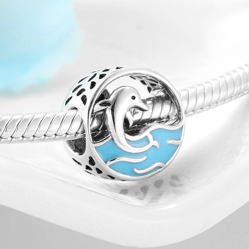 Contas do oceano amigo humano golfinhos esmalte azul autêntico 925 contas de prata esterlina caber encantos originais pulseiras fazendo: PC0248