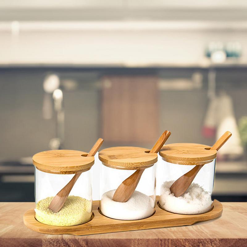 1 Sets Seasoning Box Kitchen Spice Rack Spice Pots Storage Container Salt Pepper Cumin Powder Condiment Jars Wooden Spoon Cover