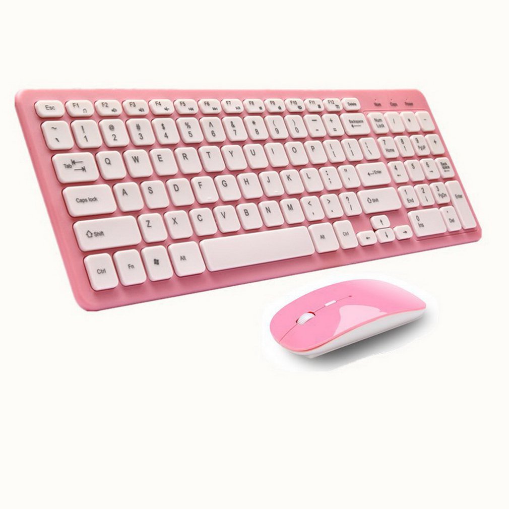Enkelt ultratynn svart mini trådløst tastatur og mus kombinasjonssett til pc skrivebord loptop klassisk kontor sett: Rosa