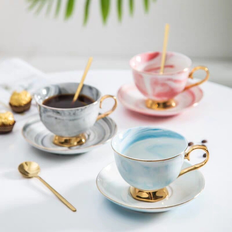 Marmor Keramik Kaffee Tasse Untertasse Löffel Einfache Frühstück Luxus Gold Rand Kaffee Tasse Reise Tazas De Cafe Tassen Und Untertassen Sein50CU