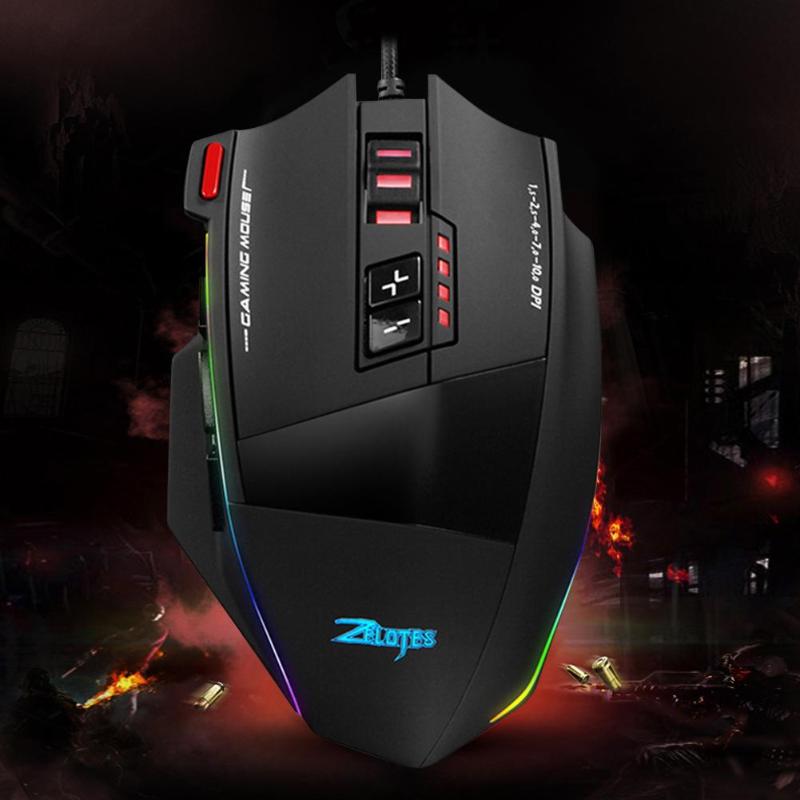 ZELOTES C-13 Wired Gaming Mouse 5 Levels 13 Programmable 10000DPI Adjustable RGB Optical Gaming Mice computer mouse