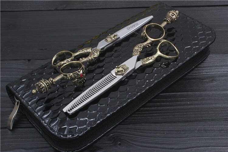 KUMIHO Giapponese forbici dei capelli kit 1 forbici di taglio e 1 assottigliamento forbici con il caso di cuoio di taglio di capelli con la corona maniglia: 1 paio e case