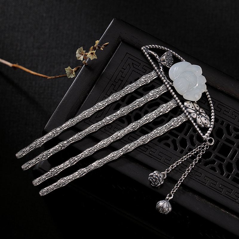 925 Sterling Silver Hair Stick for Women Lotus Flower Hairpin Tassel Hair Accessories Femme Chinese Style Headwear Jewelry