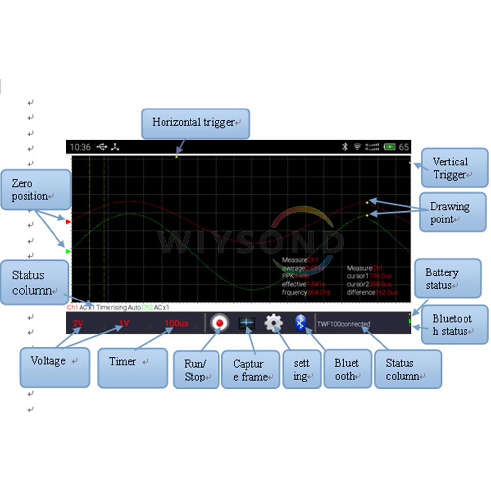 Osciloscopio Digital O096 TWF100 2CH USB PC Mini osciloscopio bluetooth soporte Android 4,0 y superior teléfono móvil/PAD