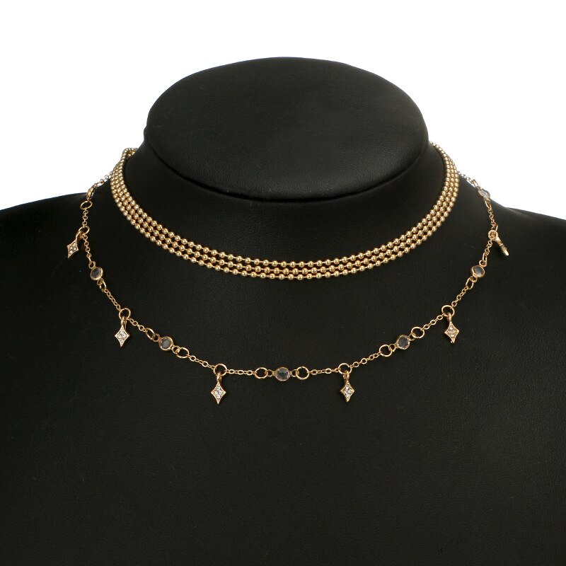 Meerlagige ketting voor vrouwen met strass steentjes statement ketting voor vrouwen met ster kralen ketting sieraden goudkleurig verjaardagsfeestje: Default Title