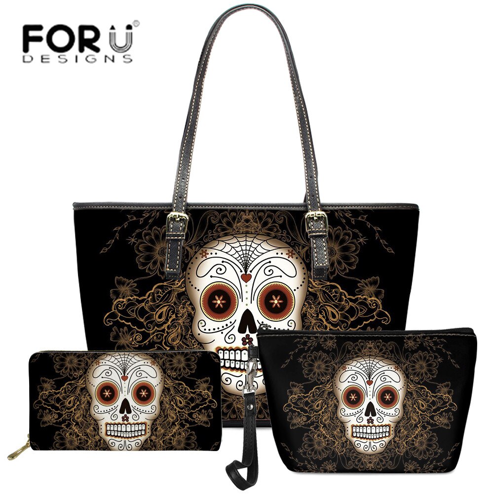 Forudesigns Gothic Schedel 3 Stuks Set Schoudertassen 3D Schedels Print Vrouwen Grote Rits Handtassen Set Met Portemonnee vrouwelijke