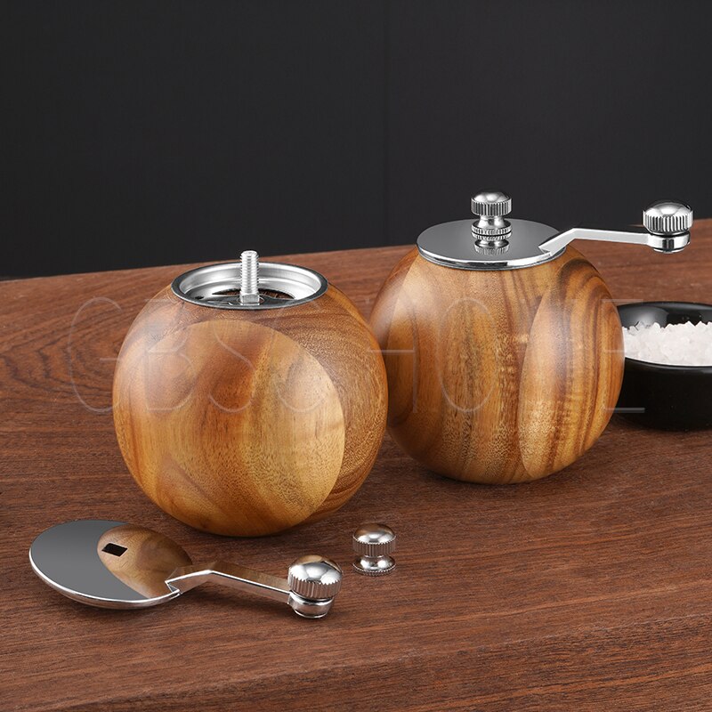 Style Advanced Round Ball Wooden Grinder Hand Crank Grinding with Base Set Manual Pepper Grinder Kitchen Supplies Tools