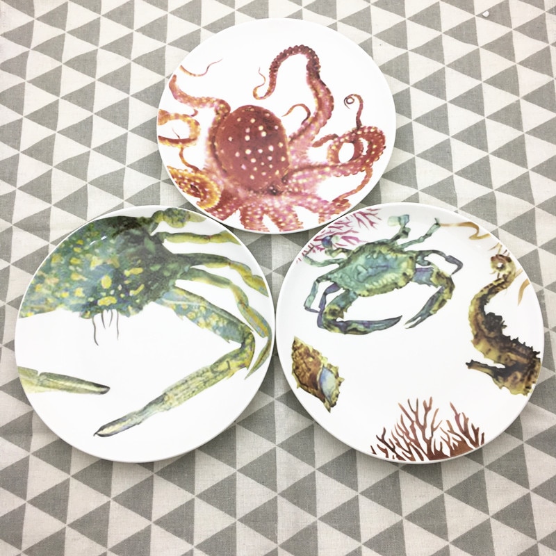Plato de cerámica para carne, vajilla familiar de 8 pulgadas con de océano, cangrejo, pulpo, pescado, mariscos y comida rápida, ideal para de Navidad, 1 unidad