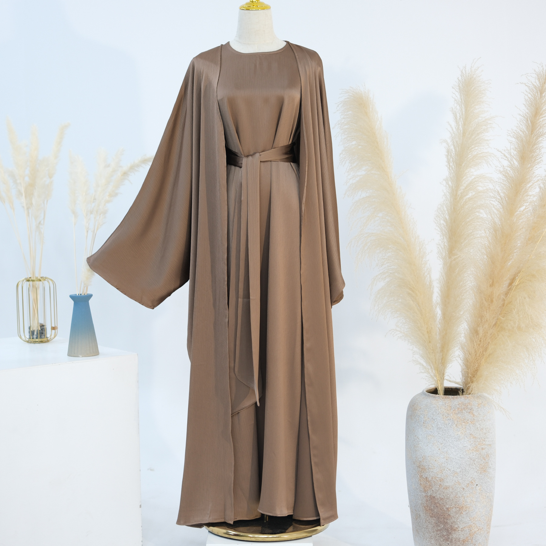 Ramadan dubai cetim liso 2 peças conjunto abaya roupas de oração feminino modesto conjuntos muçulmanos caftan marocain robe femme musulmane kaftan: L / Multicor