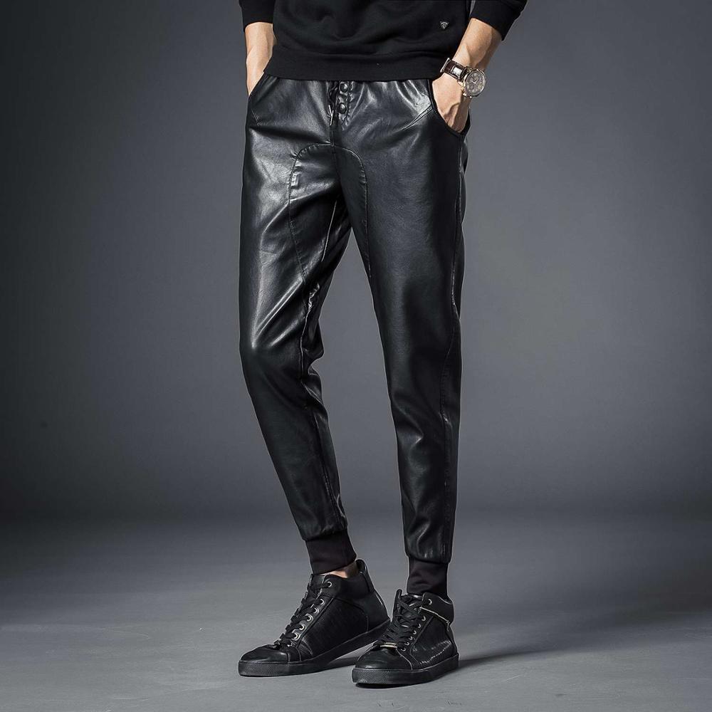 Idopy Men`s Faux Leather Joggers Pants Elastic Waist Motorcycle Biker Black PU Leather Soft Trousers