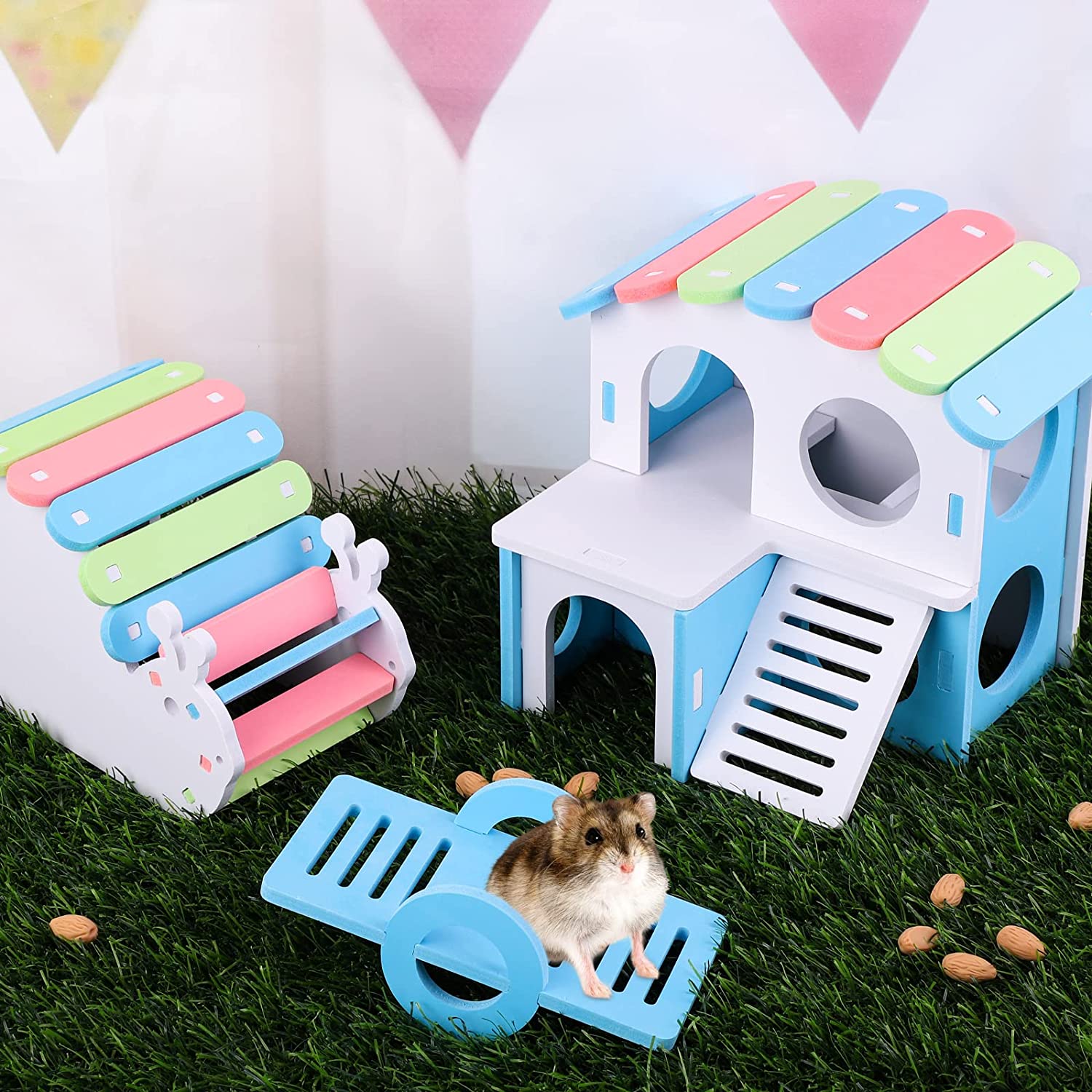 Haustier Hamster Spielzeug Holz Regenbogen Brücke Wippe Schaukel Haus Kleine Ebene Aktivität Klettern Spielzeug DIY Hamster KäFeige Zubehör