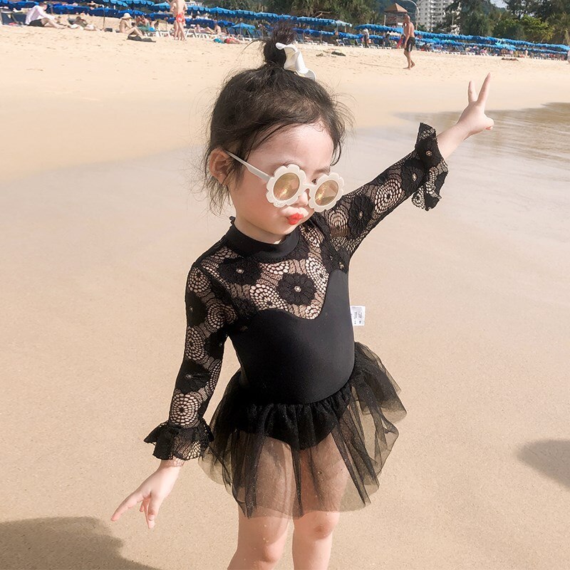 Baby Mädchen Badeanzug Schwarz Spitze Lange Hülse Badeanzug Art Strand UV Schutz Mädchen Bademode Schwimmen Schwimmbad Strand Kleidung