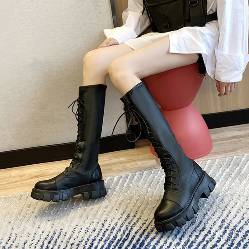 Rimocy efterår vinter snøre lange støvler chunky platform sort pu læder knæhøje støvler kvinde tyk bund sko
