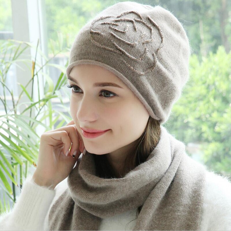 Kvinder hat tørklæde sæt efterår vinter uld hatte afslappet varm baret stil kvindelige beanies: Kamel