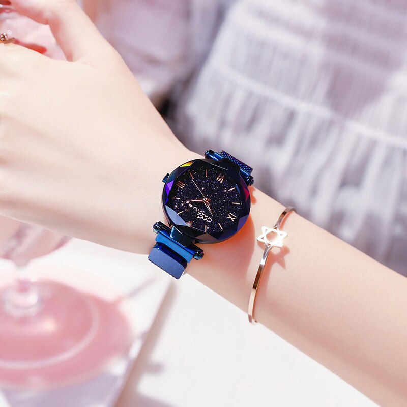 Elegante Mode Horloge Voor Vrouwen Magneet Quartz Vrouwen Horloge Gesp Sterrenhemel Romeinse Cijfer Lady Horloge: Blue