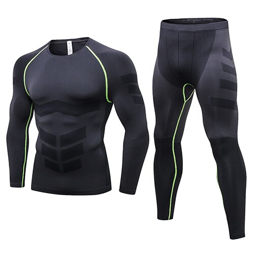 Fanceey Anti microbial Winter Thermo Underwear Thermal Men Long Johns Thermal Clothing Rashgard Kit Long Compression Underwear: black green line set / M