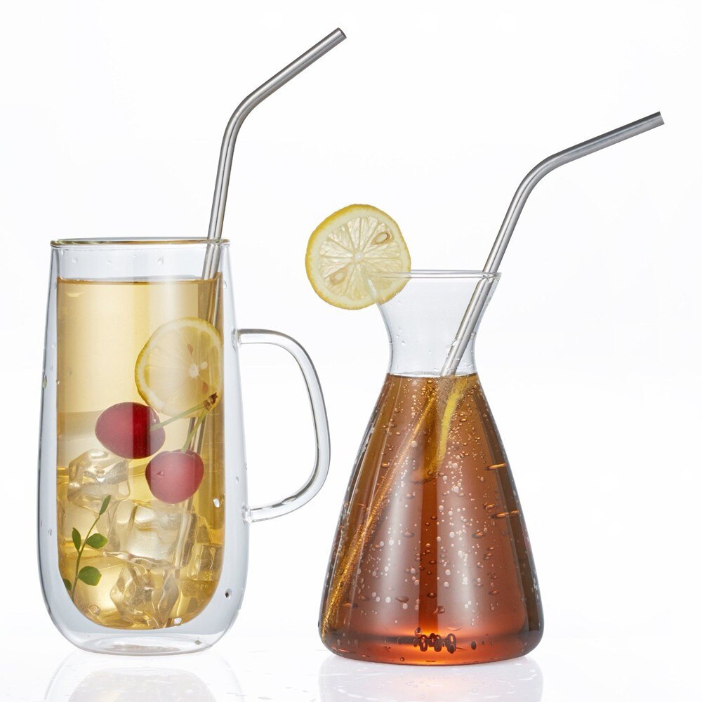 7 pcs Extra Long Stainless Steel Straws Set Reusable Wide Straws for Smoothies Metal Drinking Straws with Cleaning Brushes