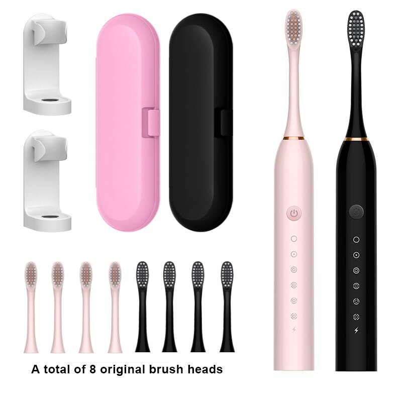 Sonic Electric Toothbrush Ultrasonic Automatic USB Rechargeable IPX7 Waterproof Whitening Teeth Tooth Brush Head Holder Adult: black pink 4head set