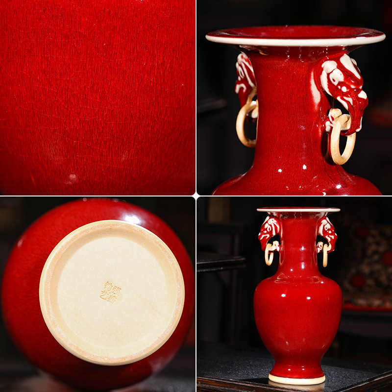 Jarrón de estilo chino de Jingdezhen, jarrón de flores esmaltado de cristal de porcelana roja, decoración del hogar, jarrones de Familla brillantes hechos a mano,