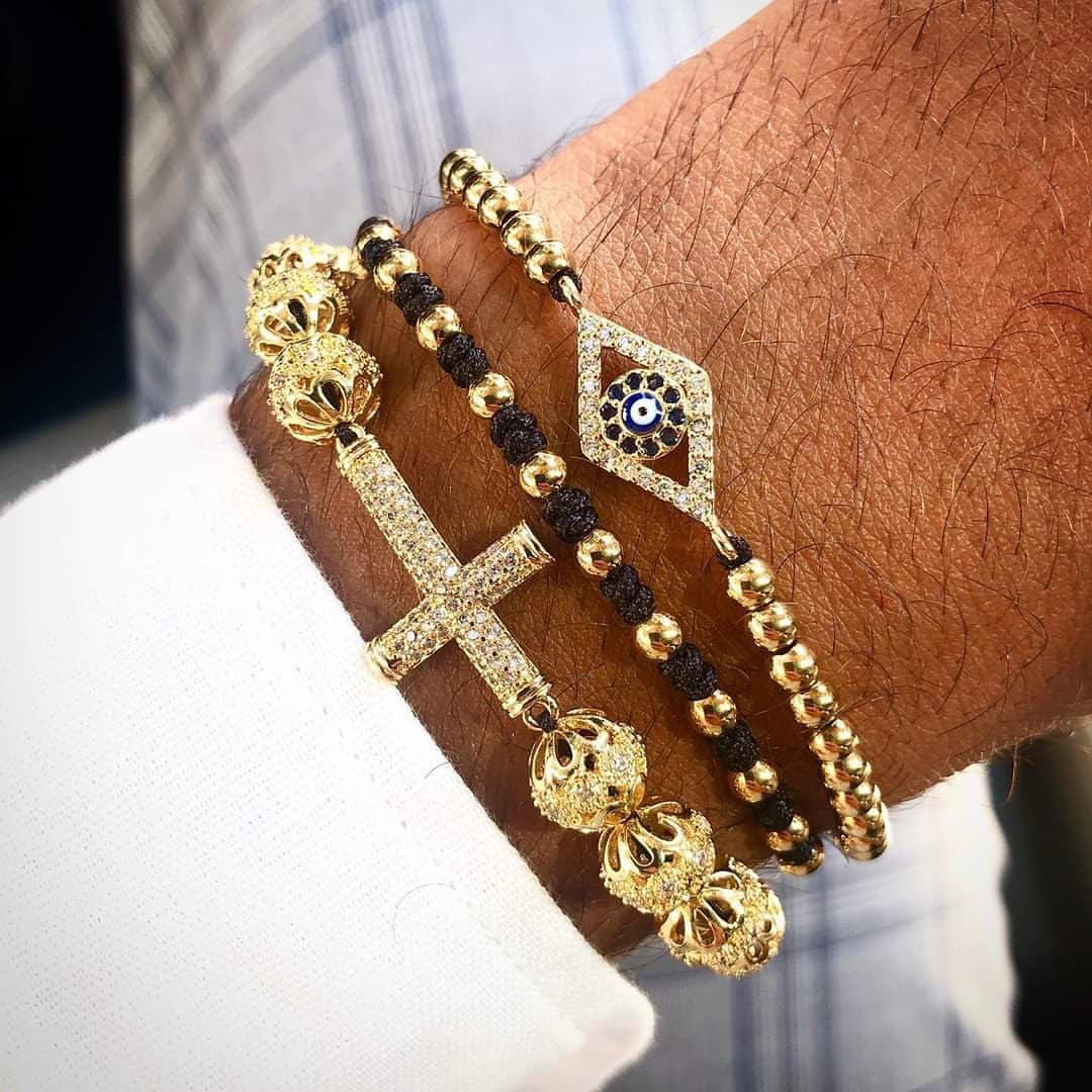 Jaravvi perline in acciaio inossidabile ad alta quantità CZ Eye Cross Charm intrecciato Macrame Set di braccialetti per amicizia da uomo